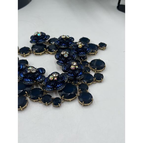 J. Crew Midnight Blue Glitter Floral Rhinestone Waterfall Statement Bib Necklace - Picture 15 of 16
